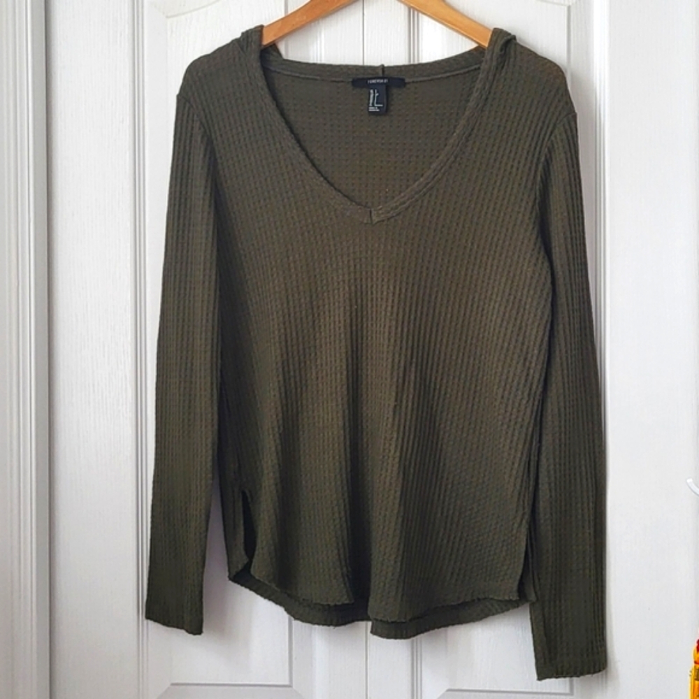 ‼️3/$20 Forever 21 Green Waffle Hooded Long Sleeve